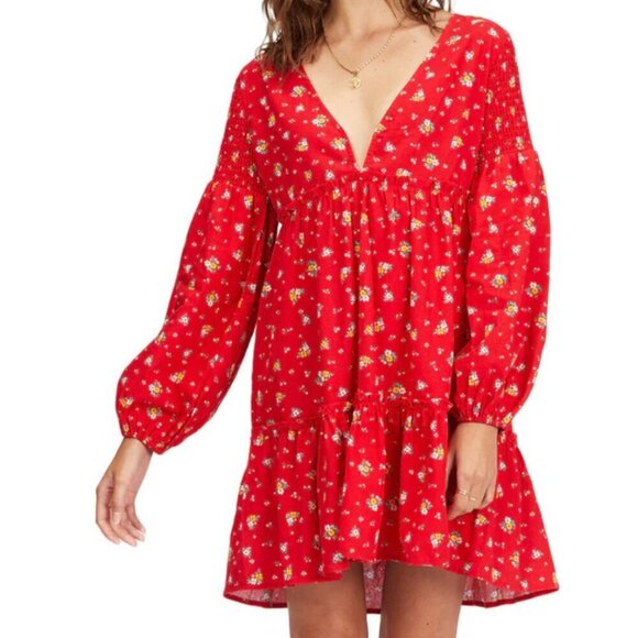 Billabong x Wrangler Falling For You Tiered Babydoll Dress Red Floral Size L - Picture 1 of 6